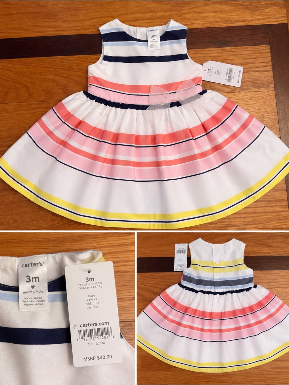 Carter’s Baby Girl Striped Party Dress with Tulle Bow NWT Size 3M